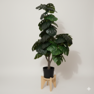 Artificial Monstera Plant with Wooden Stand – Decorative Indoor Faux Green Plant for Home & Office