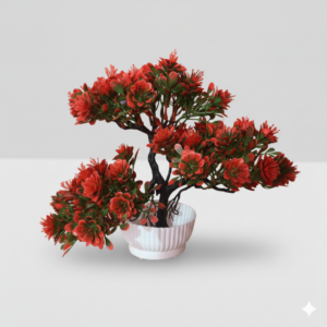 Premium Artificial Red Flower Bonsai Plant with White Pot – Decorative Faux Bonsai Tree for Home & Office
